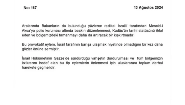 Dışişleri Bakanlığı: Mescid-i Aksa’ya yapılan baskın tırmanmayı artıracak bir kışkırtmadır